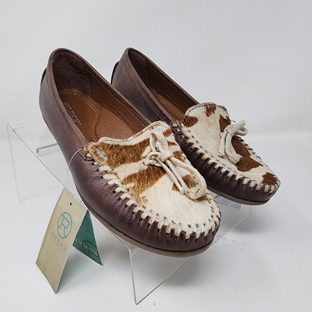 Roper Moccasins Womens 5.5 Brown Lilly Cow Print Western Cowgirl Leather Shoes